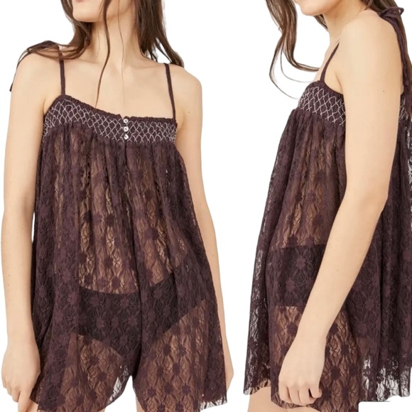 Free People Pants - NWT Free People Intimately “Rule The World” Lace Romper in Plum Jam